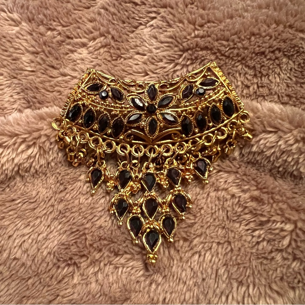 VINTAGE Ethnic Gold Chunky Pendent with Black Diamond Crystals and Dangle Beads